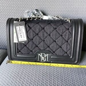 NBM Denim Quilted Crossbody Bag Chain Strap Studded Flap Black‎